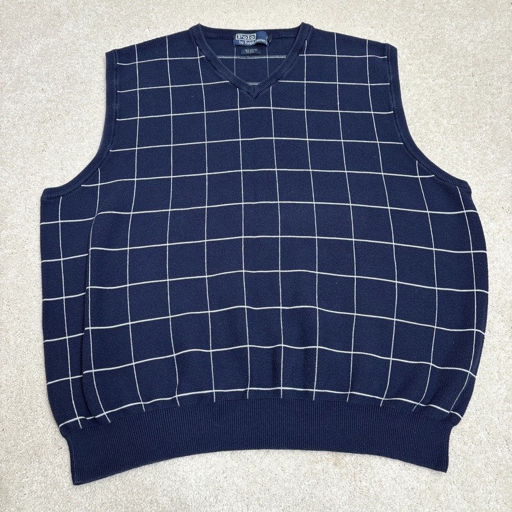 Polo Ralph Lauren Sweater Vest Men's Size XXL Navy Windowpane Cotton Silk